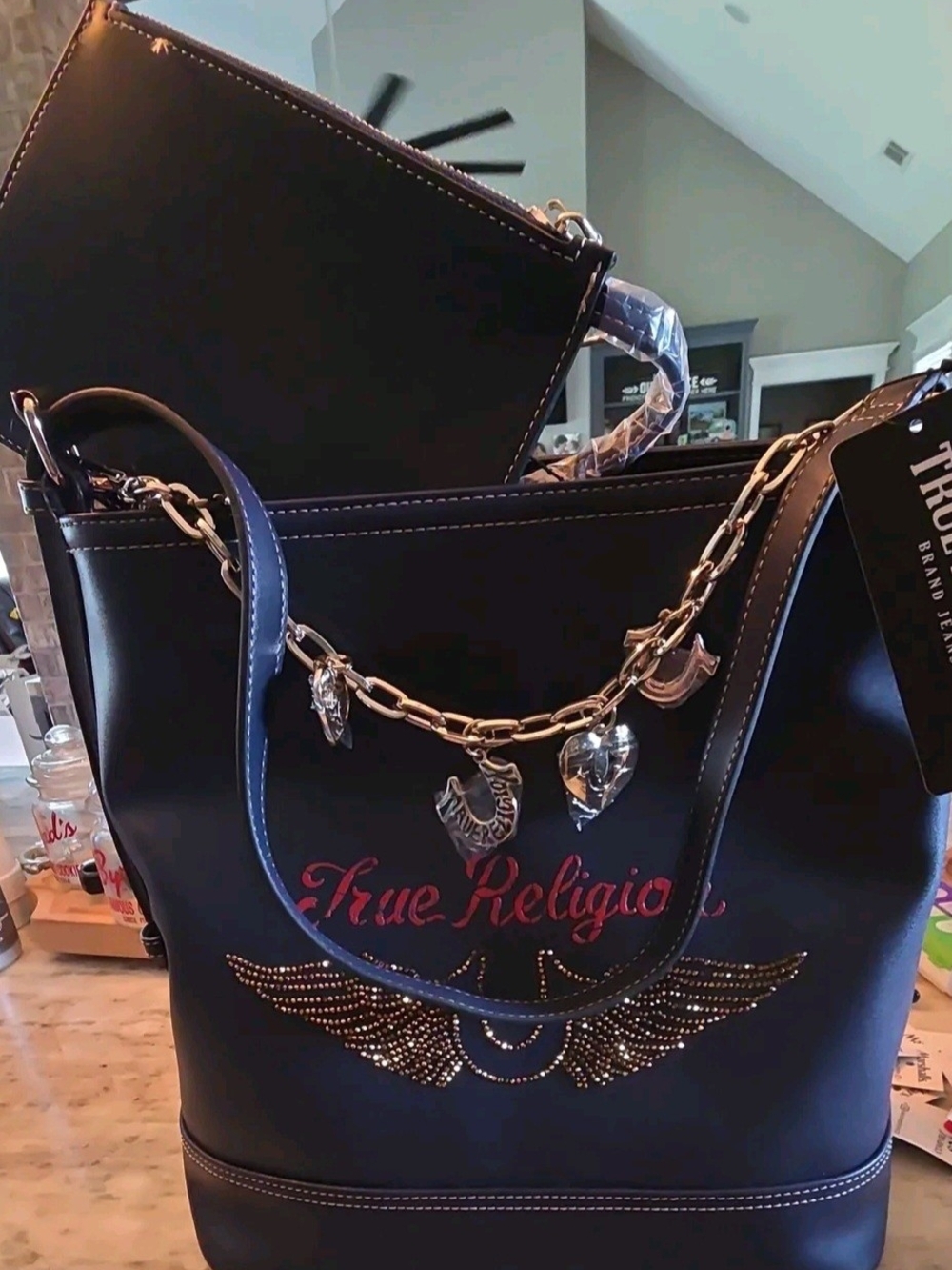 True Religion Black Tote with Silver Chain Charm Accents